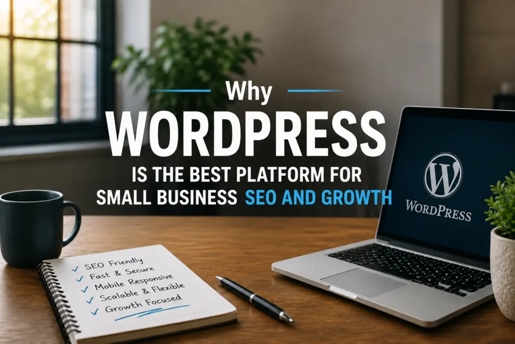 WordPress website on a laptop with a small business SEO and growth workspace